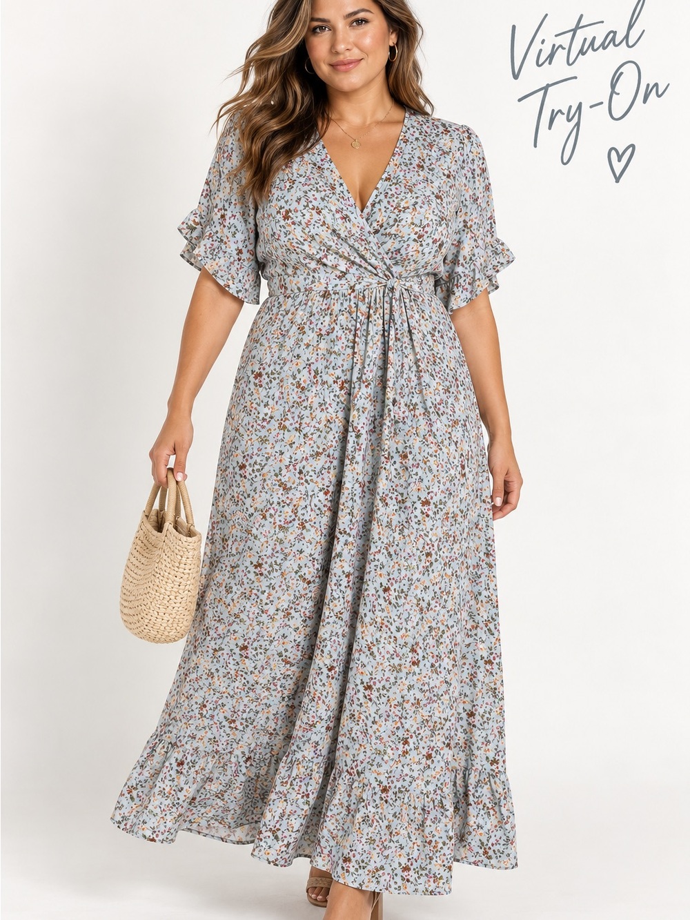 Seven Islands Floral Maxi Dress 3X Rayon Flutter Sleeve Boho Blue Plus Size XL
